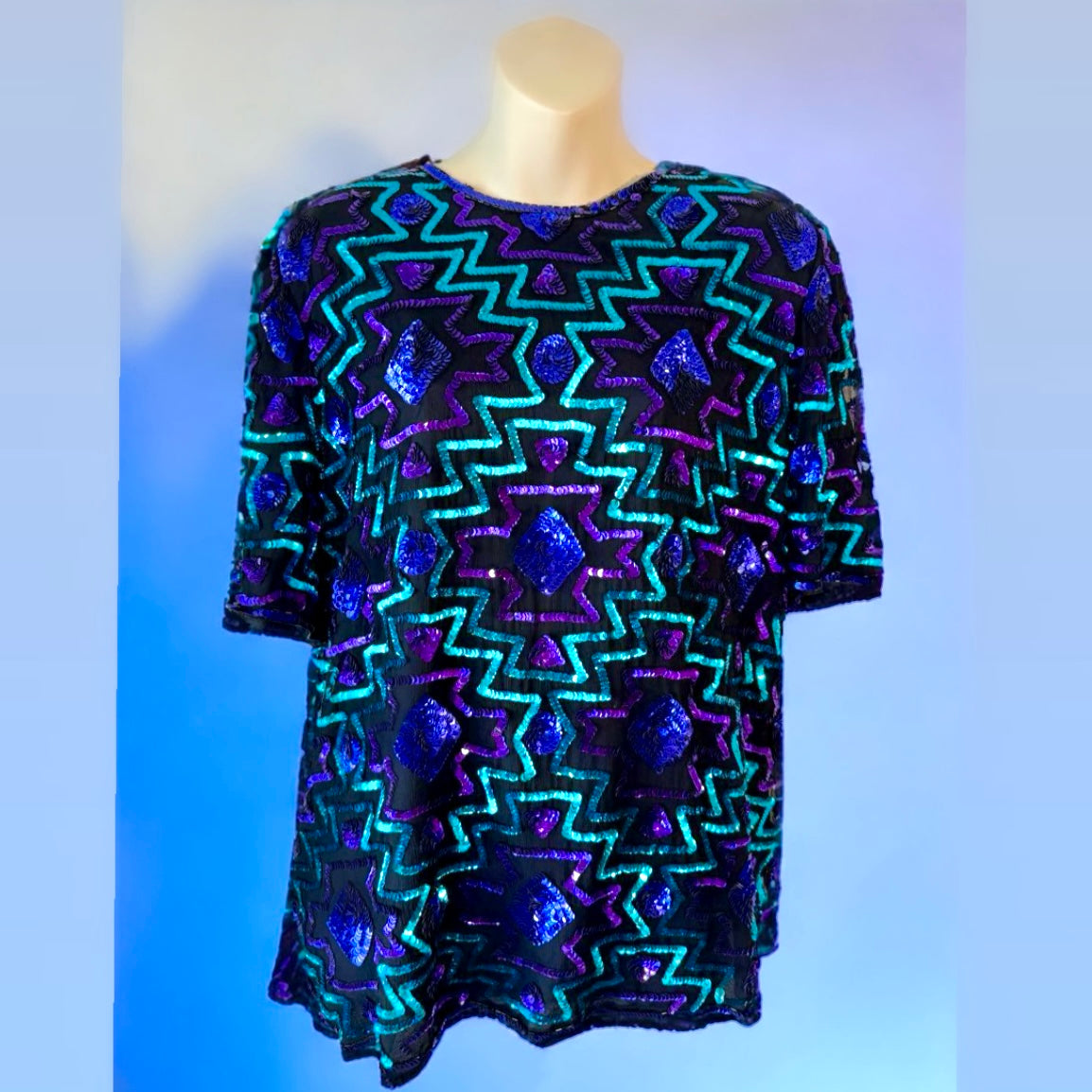 1980s Blue and Purple Sequin Blouse