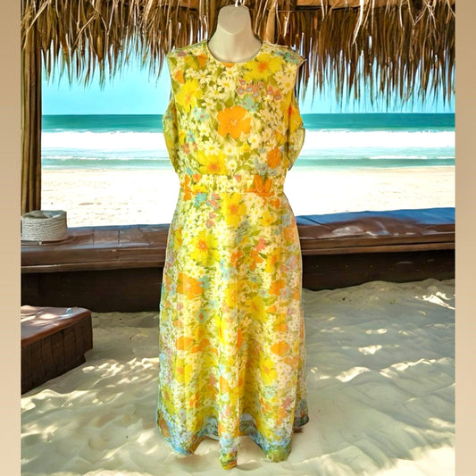 1970s Yellow Floral Spring Dress