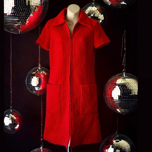 1970s Quilted Red Dress with Dagger Collar